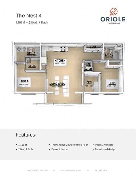 Floor plan for 2 beds, 2 baths, 1156 sqft